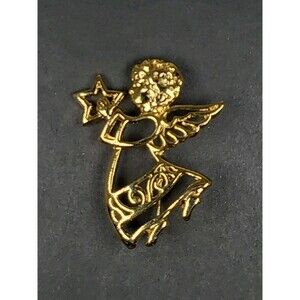 Vintage  Bright Gold Tone Angel Holding A Star CHRISTMAS Brooch